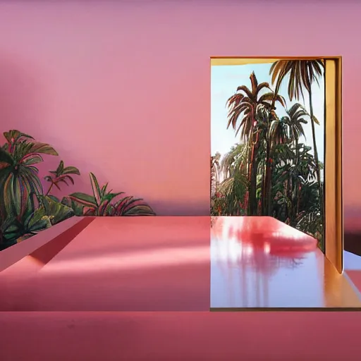 Image similar to indoor liminal space, golden light, peter tarka, palm trees, pink door, minimalistic, hyperrealistic surrealism, award winning masterpiece with incredible details, epic stunning, infinity pool mirrors, a surreal vaporwave liminal space with mirrors, highly detailed, trending on artstation, artgerm and greg rutkowski and alphonse mucha, daily deviation