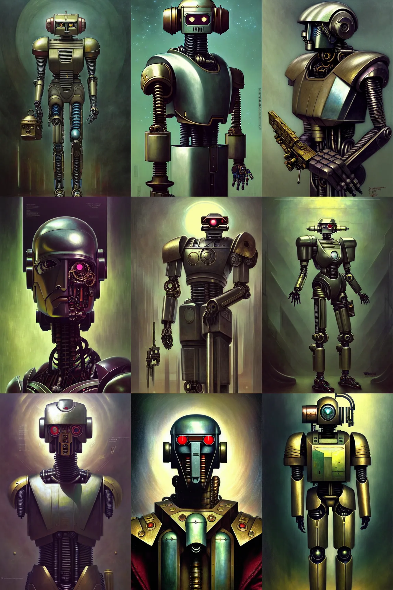 Prompt: fullbody or portrait, simple futurist cyborg emperor, warhammer 4 0 k, perfect future, award winning art by santiago caruso, iridescent color palette, beautiful face, by wlop and karol bak and bouguereau and viktoria gavrilenko, 1 9 5 0 s retro future robot android. muted colors