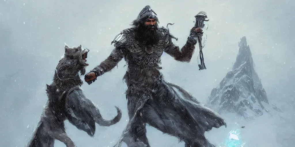 Image similar to famous persian super hero with long beard having a mace in hand on a snowy peak wearing a cheetah skin coat and a steel helmet, art by greg rutkowski, dark fantasy art, high detail, trending on artstation, insane details, dramatic lighting,