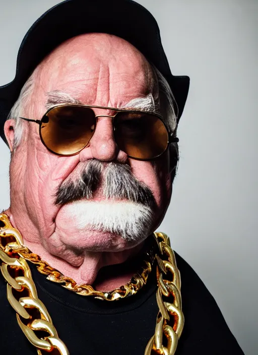 Prompt: dslr portrait photo still of!!! wilfred brimley as a gangsta rapper with gold chains and gold teeth grills growling at camera, 8 k, 8 5 mm f 1. 8
