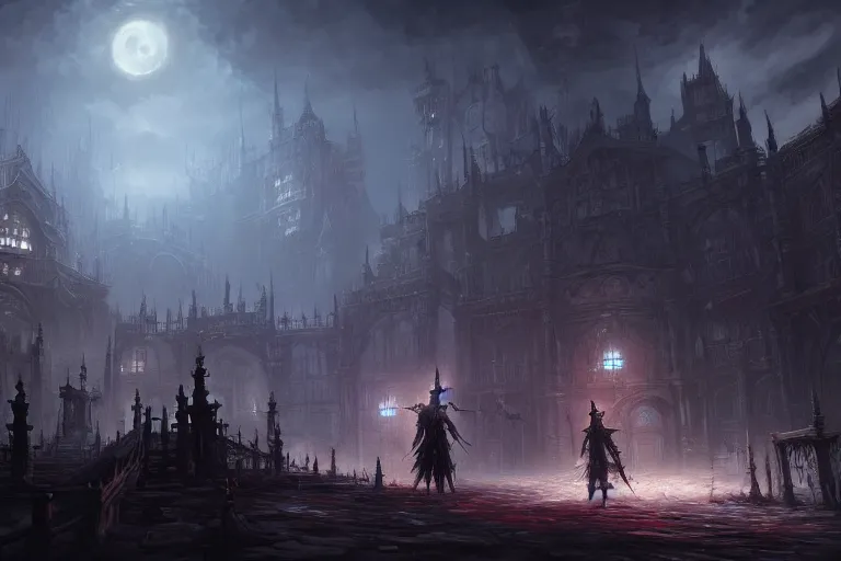 Image similar to collaborative environment concept art by Tyler Edlin, Andy Park, Feng Zhu, James Paick, Ryan Church, in the style of Bloodborne