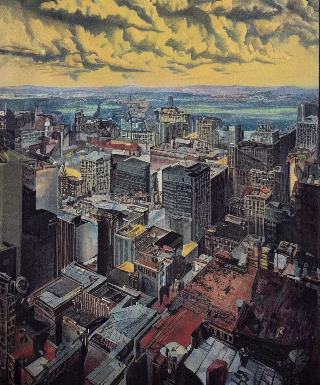 Prompt: horrifying full color photorealistic painting of the view from a 1 9 2 5 hotel terrace balcony overlooking a warped view of downtown 1 9 2 5 boston with a cosmic sky, dark, atmospheric, brooding, smooth, finely detailed, cinematic, epic, in the style of dave dorman