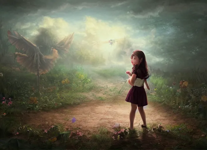 Image similar to a little girl with a cross fights off terrified demons, clear face and bright eyes. 8 k, matte painting, lowbrow in the style of lilia alvarado, mark ryden and martin johnson heade,