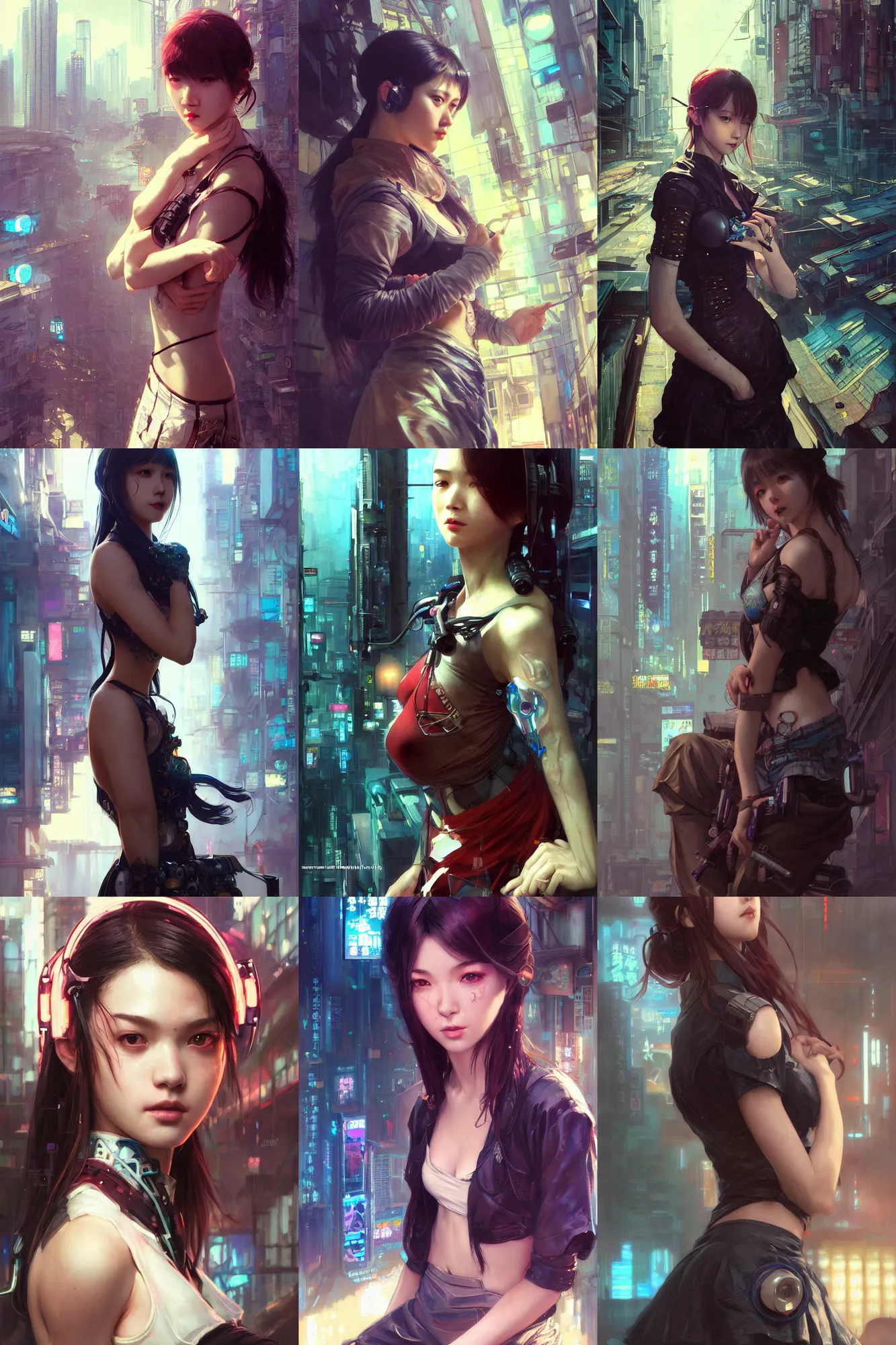 Prompt: ultra realistic beautiful cyberpunk kowloon techno art, beautiful alluring schoolgirl, gorgeous face and figure, art by krenz cushart, artgerm, greg rutkowski, wlop, yuxiang chen, alphonse mucha, intricate, elegant, highly detailed, digital art, artstation, concept art, smooth, sharp focus, illustration, beautiful sunlight and shadows