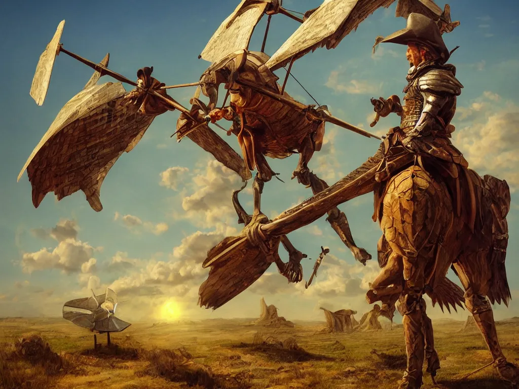 Prompt: portrait of don quixote sitting on a pterodactyl, windmill, summer, sun in the zenith, digital art, highly detailed, stunning scene, realism, stunning scene, bright colors, trending on artstation, masterpiece