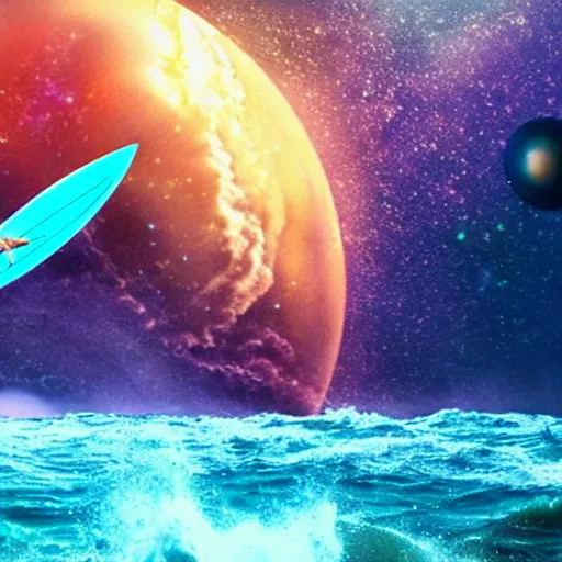 Image similar to photo of a alien surfing a surfboard on a crashing l wave of alien ocean in space, background is an alien galaxy, aliens in the background, alien colors, octane render, unreal engine, wide view, 8 k, high detaild