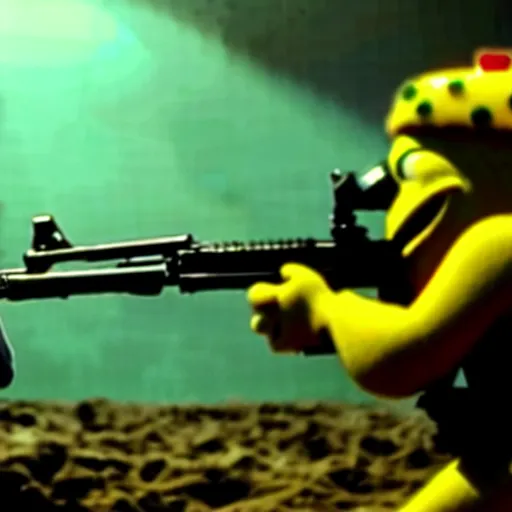 Image similar to high detail movie still of spongebob squarepants shooting an ak - 4 7 machine gun with muzzle flash, cinematic framing rule of thirds, cinematic light, hard shadows, in the style of the movie lone survivor,