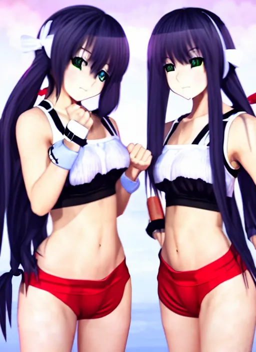 Prompt: two beautiful female fighters with twintails taunting each other, high waist shorts, white top, dim lighting, gorgeous features, smooth, detailed anime art
