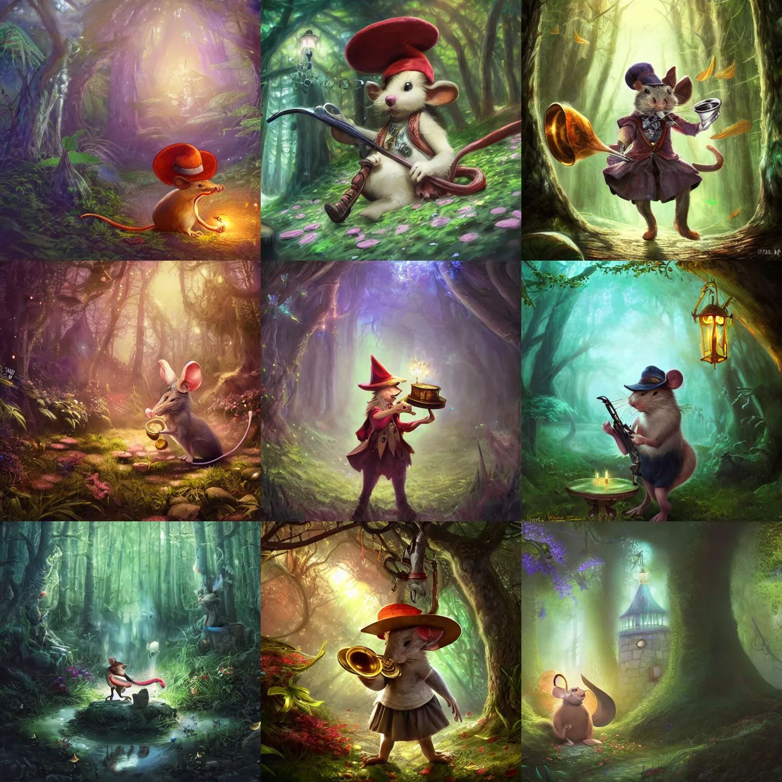 Prompt: Trumpet played by mouse in magical forest, portrait, wearing hat, magical notes, fairy atmosphere, magic the gathering artwork, D&D, fantasy, cinematic lighting, centered, symmetrical, highly detailed, digital painting, artstation, concept art, smooth, sharp focus, illustration, volumetric lighting, epic Composition, 8k, art by Akihiko Yoshida and Greg Rutkowski and Craig Mullins, oil painting, cgsociety