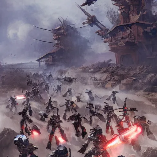 Image similar to Ragtag militia fighting advanced combat robots in a village, combat photography by Feng Zhu, highly detailed, excellent composition, cinematic concept art, dramatic lighting, trending on ArtStation