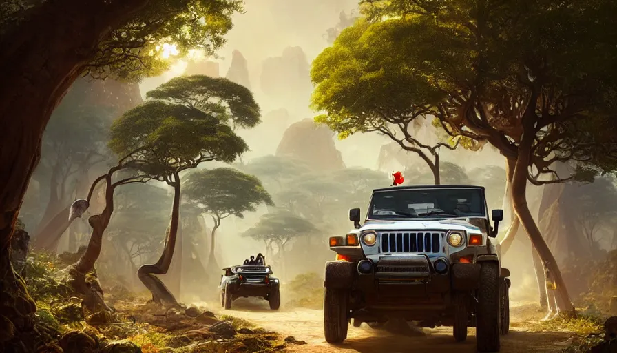 Prompt: mahindra thar driving through madagascar road with baobabs trees, animals running along, artgerm and greg rutkowski and alphonse mucha, an epic fantasy, volumetric light, detailed, establishing shot, an epic fantasy, trending on art station, octane render, midsommar