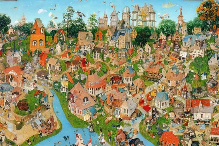 Image similar to an elaborate and dense painting of a peaceful neighborhood, detailed, made of alcohol ink on parchment and penned illustrations, by richard scarry and ( ( ( ( ( hieronymus bosch ) ) ) ) ) and geoff darrow!!!!!