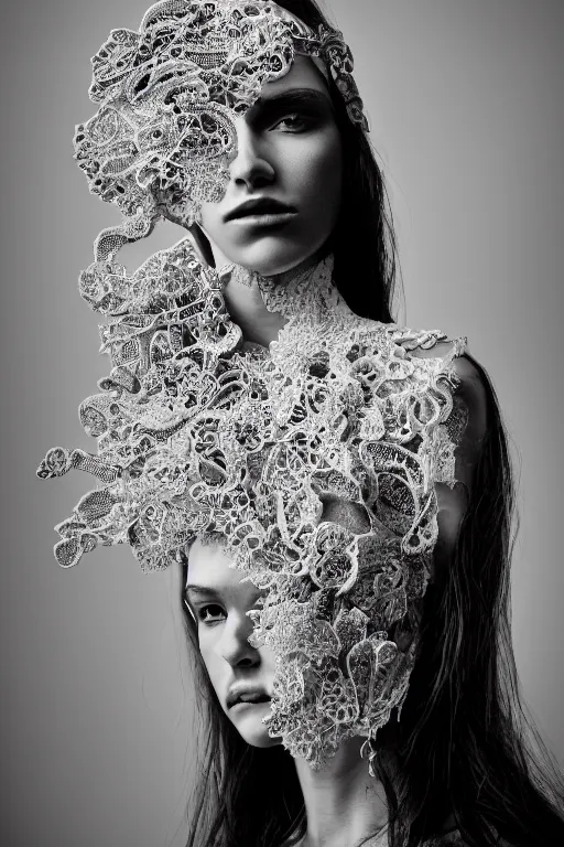 Prompt: a female model by stefan geselle and nekro borja, photorealistic, intricate details, hyper realistic, big lace colar, photorealistic, canon r 3, photography, wide shot, photography,