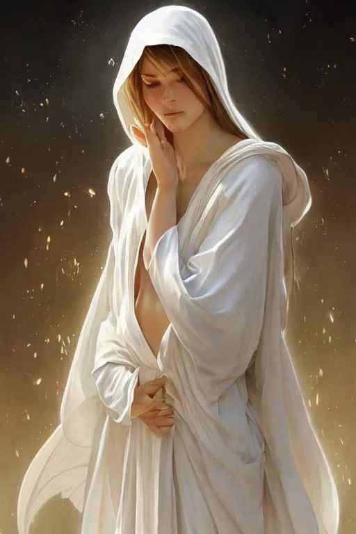 Image similar to beautiful angel in white robes, D&D, face, fantasy, intricate, elegant, highly detailed, digital painting, artstation, concept art, smooth, sharp focus, illustration, art by artgerm and greg rutkowski and alphonse mucha