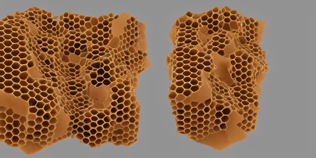 Prompt: organic shaped honeycomb asymmetric capsule, no - gravity, maximum natural texture, white warm illumination, best color graded, vray beautiful, subsurface scatter, hyper - realistic render
