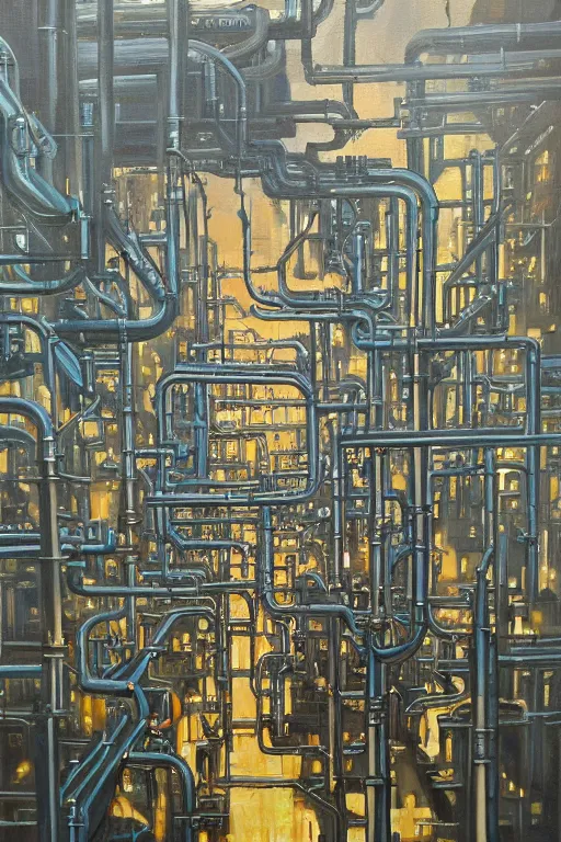 Image similar to oil painting, extra long-vie, hight detailed, thousand small melting industrial pipes, in style of 80s sci-fi art