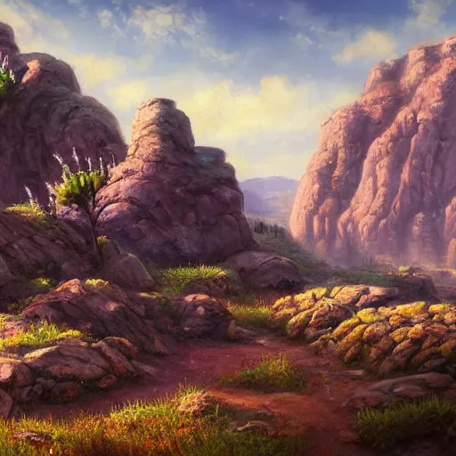 Image similar to a matte painting of the wild west, patchy flowers and rocks, oil painting, pale colors, high detail, 8 k, wide angle, trending on artstation,