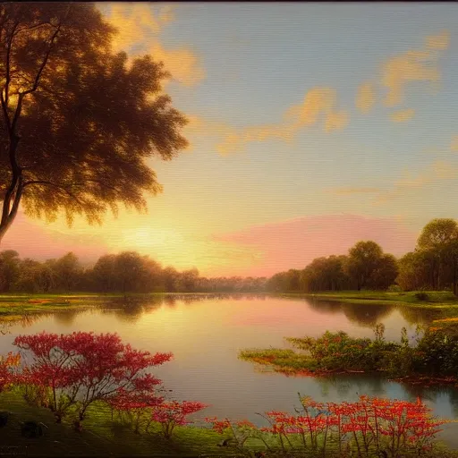 Image similar to a painting of a duck pond at sunset, surrounded by flower bushes, a detailed matte painting by Robert S. Duncanson, deviantart, hudson river school, terragen, pink clouds, trending on artstation