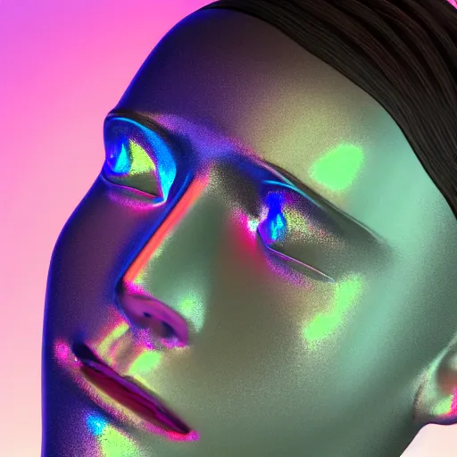 Image similar to 3d render of holographic human robotic head made of glossy iridescent, surrealistic 3d illustration of a human face non-binary, non binary model, 3d model human, cryengine, made of holographic texture, holographic material, holographic rainbow, concept of cyborg and artificial intelligence