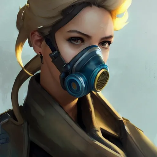 Image similar to mercy overwatch wearing a gas mask, 8 k resolution, highly detailed, intricate, very beautiful face, very detailed eyes, by greg rutkowski, wlop