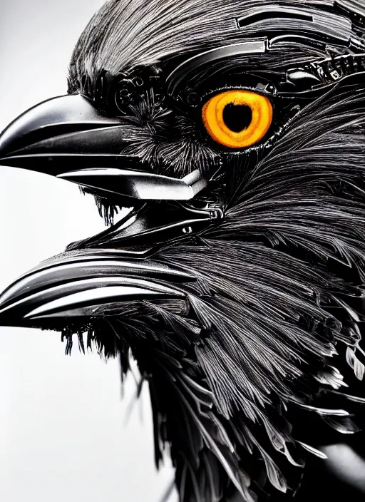 Image similar to a stunning young female crow mixed cyborg profile face, face is made intricate tribal bio - mechanical, editorial photography, bw, shot on 7 0 mm, depth of field, f / 2. 8, high contrast, 1 6 k, volumetric lighting, shiny, insanely detailed and intricate, hypermaximalist, elegant, ornate, hyper realistic, super detailed