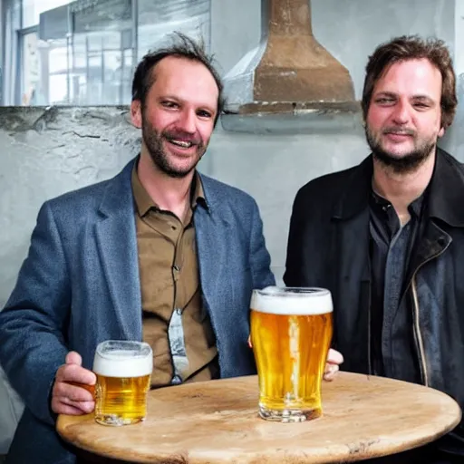 Image similar to Cedric Jubilar and Xavier dupont de ligones having a beer, award winning photography