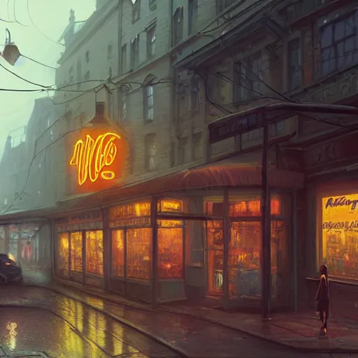 Image similar to movie scene of a store, lviv, a very misty day, a neon sign, by ian mcque ferdinand knab, makoto shinkai and lois van baarle, artgerm, pixar, ilya kuvshinov,, tom bagshaw, global illumination