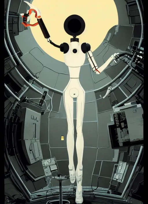 Prompt: poster artwork by Michael Whelan and Tomer Hanuka, of GLADOS from the game Portal 2, from Valve, Aperture Science, clean