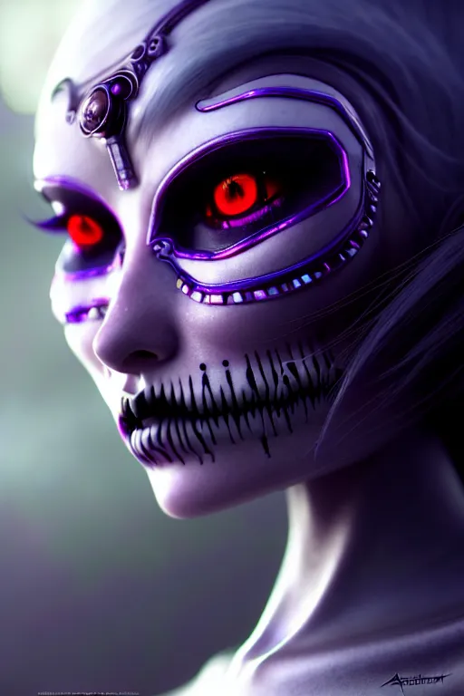 Image similar to ultra detailed, ethereal closeup photo of female android, gothic, flowerpunk, fantasy, octane render, unreal engine, dia de los muertos, photorealistic concept art, triadic color, art by artgerm and wlop and giger and greg rutkowski and alphonse mucha, 8 k