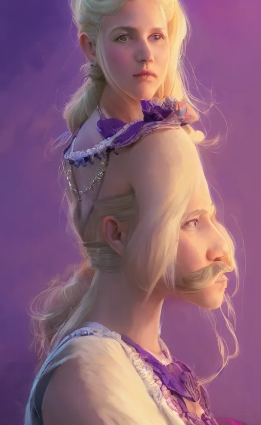 Prompt: portrait of a princess with a purple dress, blonde hair and bangs, side pigtail, necklace space with a big moustache, concept art, moustache, fantasy, highly detailed, cinematic lighting, digital painting by greg rutkowski