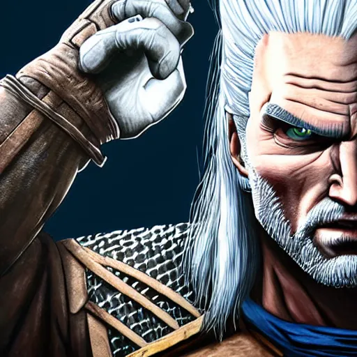 Image similar to ultra realistic portrait painting of geralt of rivia, art by akira toriyama, 4 k, dragon ball artstyle, cel shaded, highly detailed, epic lighting