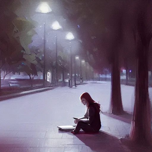 Prompt: a girl working on her laptop, city park, street lighting, dramatic, greg rutkowski, digital painting