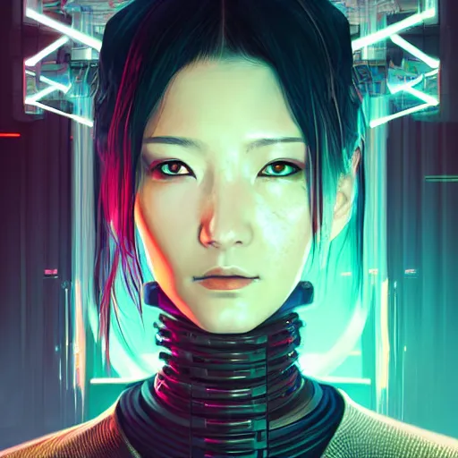 Image similar to portrait of a female cyberpunk hacker samurai in neotokyo at night, futuristic cyberpunk tokyo night, sci - fi and fantasy, intricate and very beautiful, highly detailed, digital painting, artstation, concept art, smooth and sharp focus, illustration, art by tian zi and wlop and alphonse mucha