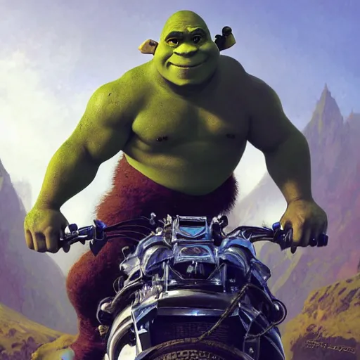 Prompt: shrek rides a bicycle motor and beats vin diesel in fast and furious race while wearing a helmet, highly detailed, digital painting, artstation, concept art, smooth, sharp focus, illustration, art by artgerm and greg rutkowski and alphonse mucha