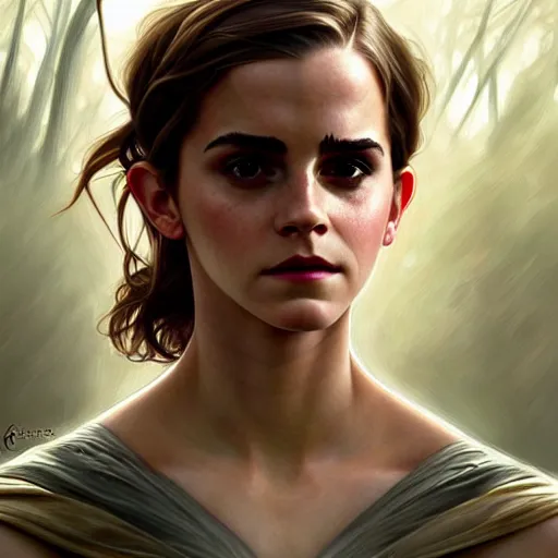 Image similar to emma watson portrait of forest gog, male, clear face, masculine, upper body, muscular, fantasy, intricate, elegant, highly detailed, digital painting, artstation, concept art, matte, sharp focus, illustration, art by artgerm and greg rutkowski and alphonse mucha