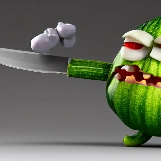 Image similar to detailed 3 d render of an angry zucchini character with a bloody knife in his hand, chasing after a tomato figure scared to death, hyper realistic octane render, dramatic scene, nightmare, surrealism, pixar, disney, cartoon