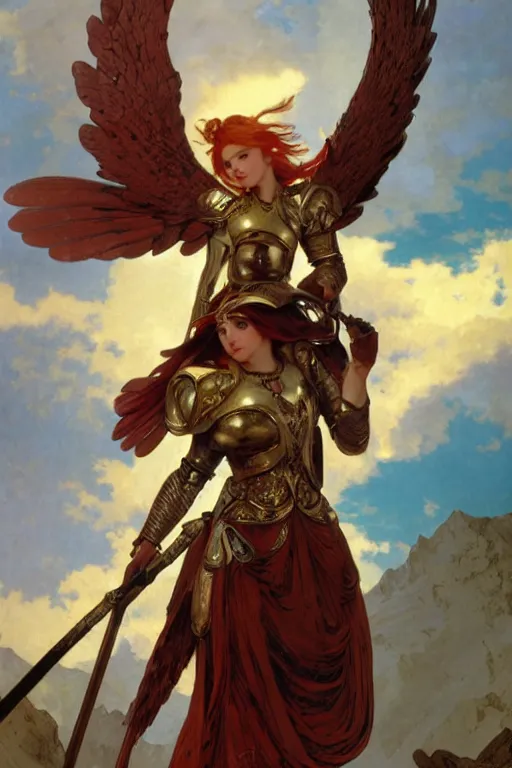 Image similar to full - body matte portrait of a red haired angelic valkyrie with huge silver wings in a heroic pose, wearing thick bronze plate armor at the top of a mountain, holding a spear made of lightning, art by albert bierstadt, alphonse mucha, andreas rocha, greg rutkowski, sharp edges. ultra clear detailed. 8 k. elegant. octane render