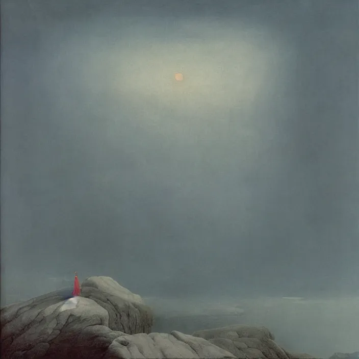 Image similar to shy mountain summit taking a peek through the clouds, fog, with curious eyes. floating spirit in transparent nightgown. painting by caspar david friedrich, yves tanguy, jean delville, rene magritte, max ernst, monet