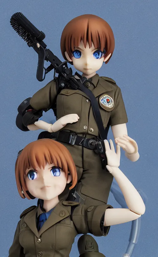 Prompt: toy photo, radio equipment, school uniform, portrait of the action figure of a girl, anime character anatomy, small blue eyes, figma by good smile company, collection product, dirt and smoke background, flight squadron insignia, realistic military gear, 70mm lens, round elements, photo taken by professional photographer, trending on instagram, symbology, 4k resolution, low saturation, realistic military carrier