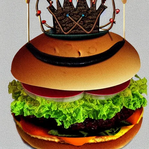 Prompt: a burger wearing a crown,digital art,ultra realistic,ultra detailed,art by greg rutowski