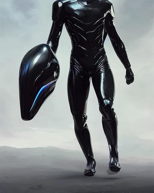 Prompt: iridescent sinewy smooth muscular male sleek glossy black pearlescent scifi armor with smooth black featureless helmet, by greg rutkowski, mark brookes, tom bagshaw, magali villeneuve, trending on artstation