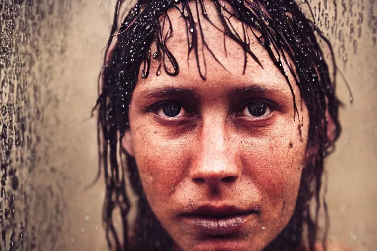 Image similar to a closeup cinematic!! headshot photograph!! of a beautiful female homeless war veteran, stood in a tunnel, rain, dirt, film still, cinematic lighting, by bill henson