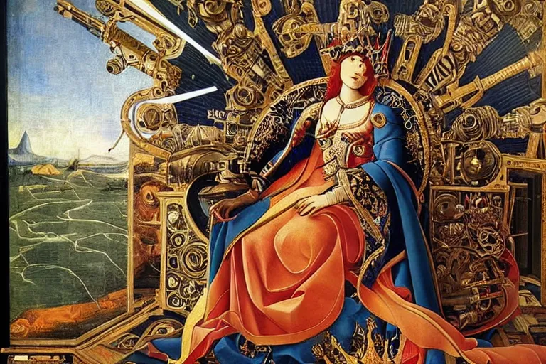 Image similar to beautifully painted mural of a cyborg king in his throne, ornate royal garments, sci fi royal throne room, piercing glowing eyes, intricate, highly detailed, incredible lighting, sci fi scenery, fantasy setting, vogue cover poses, masterful painting, mural in the style of sandro botticelli, caravaggio, albrecth durer