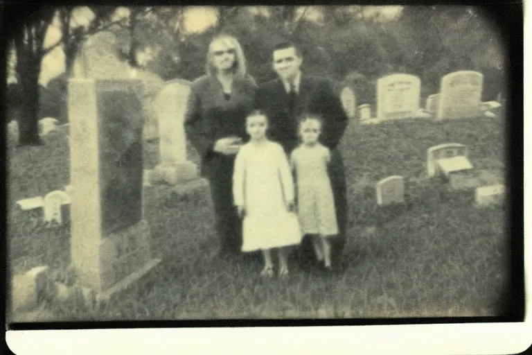 Prompt: old polaroid of weird lookin family photo in the cemetery, there is a demon in the background