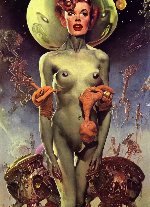 Image similar to 5 0 s pulp scifi fantasy illustration venusian alien in village on venus, by norman rockwell, roberto ferri, daniel gerhartz, edd cartier, jack kirby, howard v brown, ruan jia, tom lovell, frank r paul, jacob collins, dean cornwell, astounding stories, amazing, fantasy, other worlds