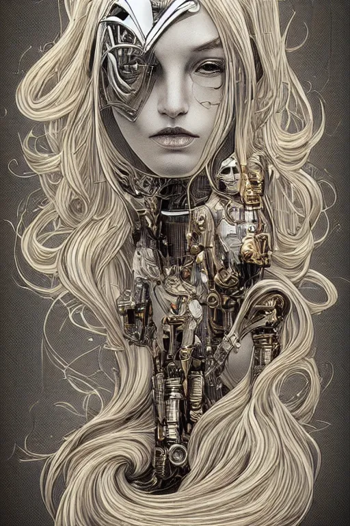 Image similar to gold and silver tones, cybernetic princess, style of moebius, james jean, mcbess, star wars, long glowing ethereal hair, cinematic, highly detailed, award winning, 8 k photorealistic