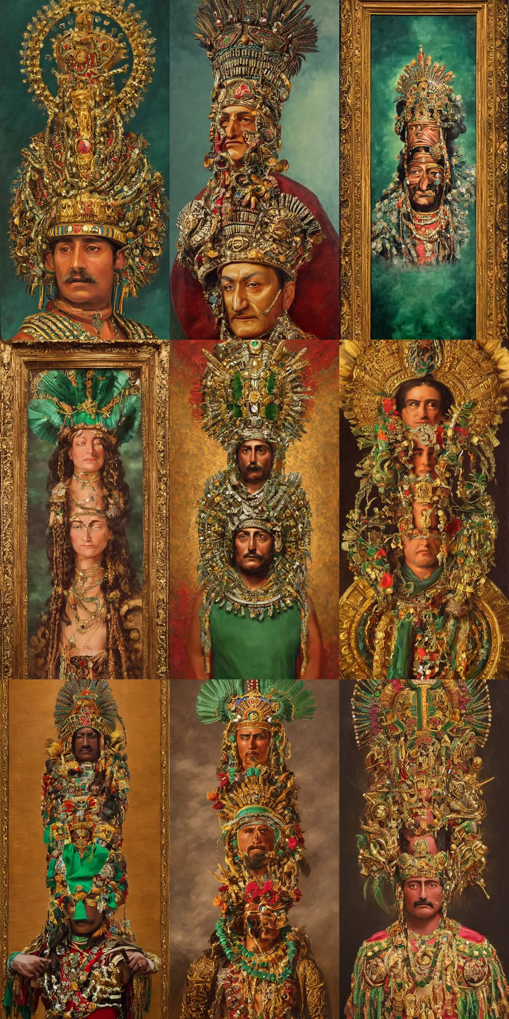 Prompt: a highly detailed romantic period style oil painting of the Aztec emperor Montezuma wearing an ornate jade & gold headdress by Josep Tapiró Baró, trending on artstation, masterpiece, symmetry