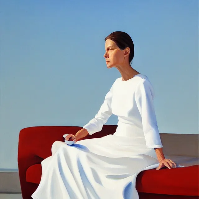 Prompt: a painting of a woman in a white dress, a photorealistic painting by julio larraz, trending on cg society, figurative art, hyper realism, oil on canvas, detailed painting