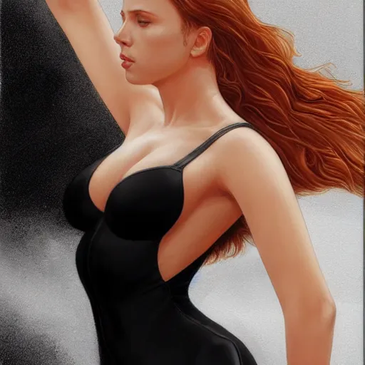 Image similar to scarlett johansson in a black swimsuit, intricate, elegant, highly detailed, digital painting, artstation, concept art, smooth, sharp focus, illustration, art by artgerm and greg rutkowski