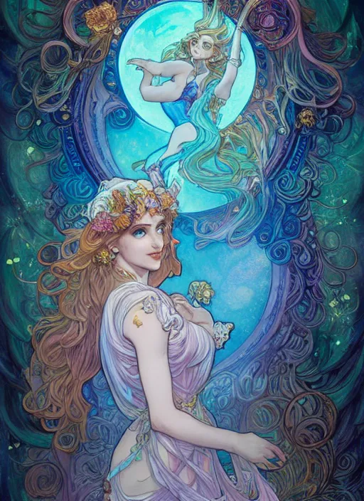 Image similar to Elune, Goddess of the Moon, ambient lighting, 4k, josephine wall, alphonse mucha, lois van baarle, ilya kuvshinov, rossdraws, artstation